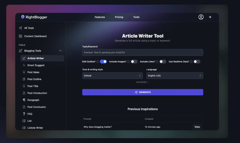 rightblogger ai writer tool