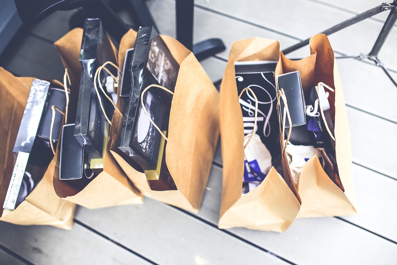 a group of brown bags with different items inside